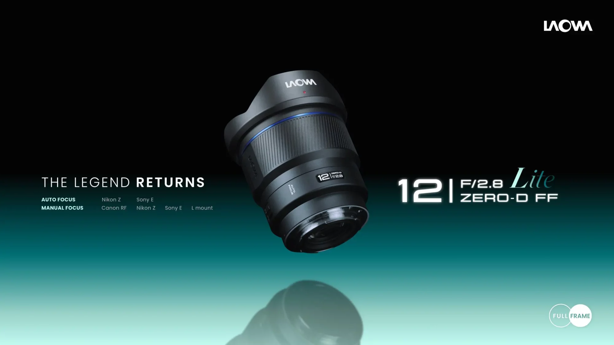 Objectif Laowa 12mm F/2.8 posé sur un fond dégradé teal, visuel promo