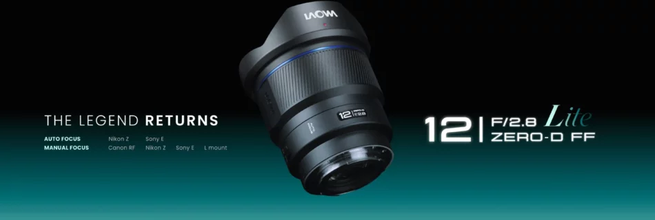 Objectif Laowa 12mm F/2.8 posé sur un fond dégradé teal, visuel promo