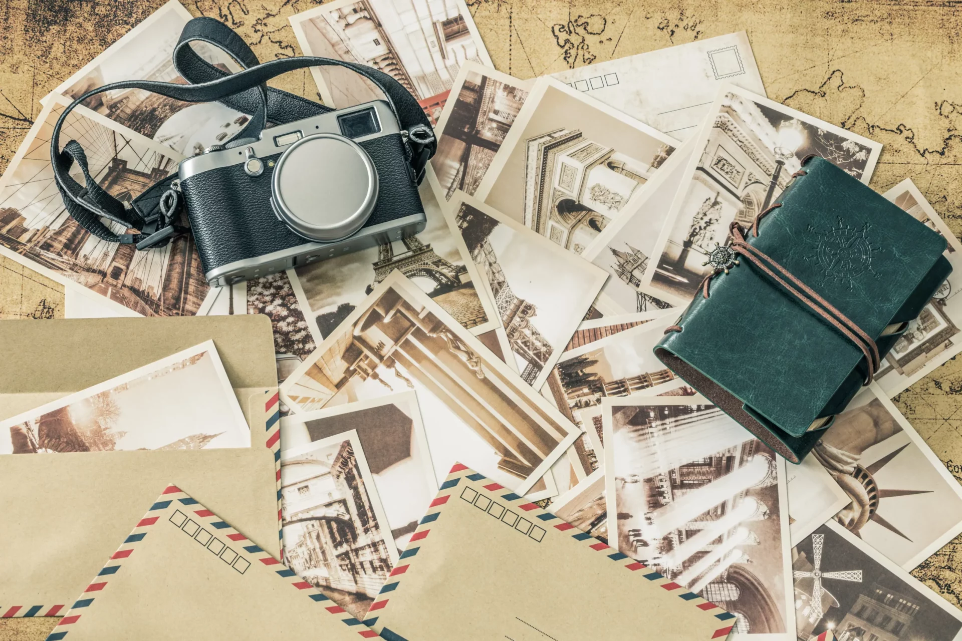 Appareil photo vintage Leica sur carte ancienne avec souvenirs voyage, passion photographie authentique.